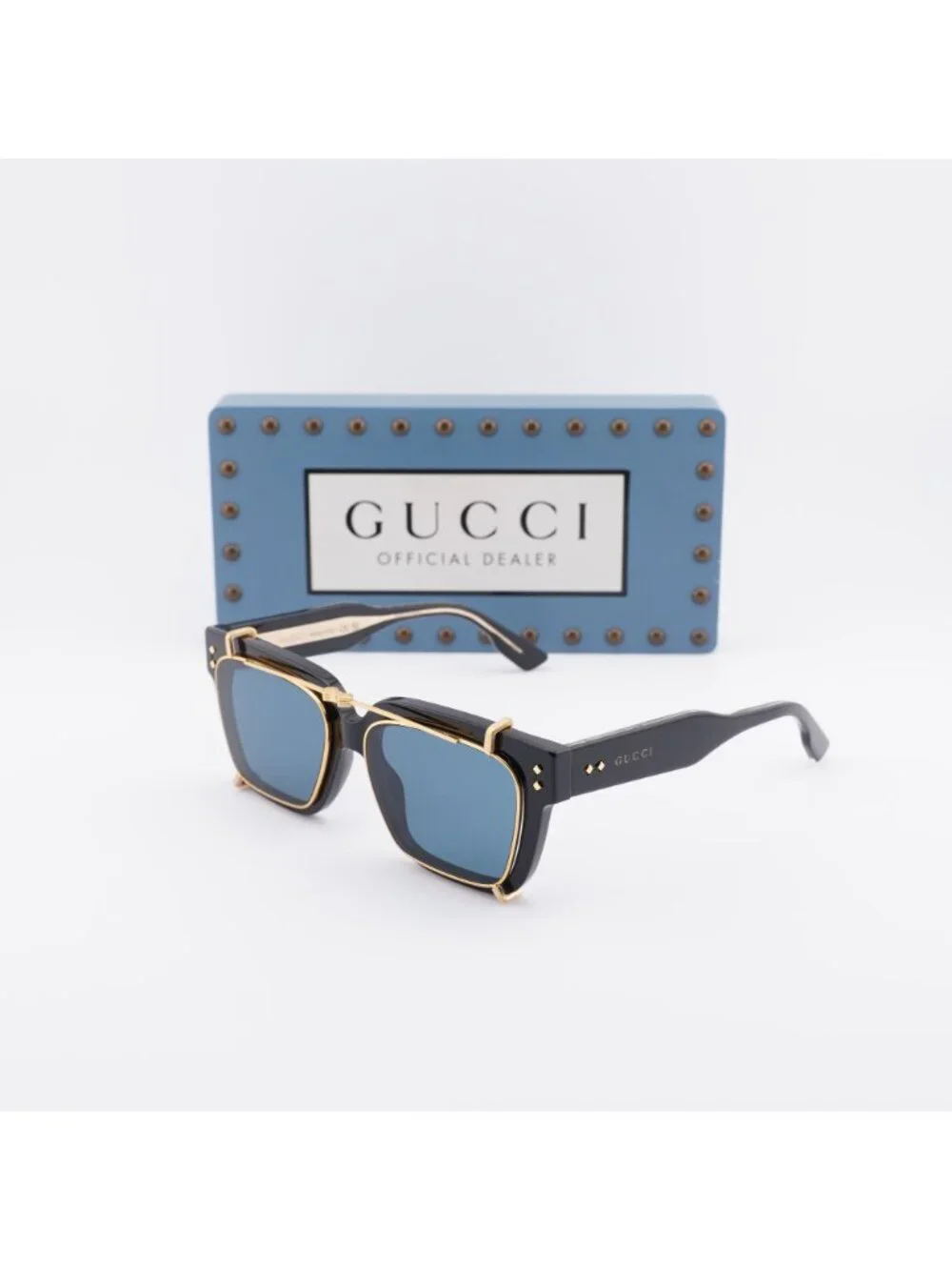 Gucci GG1084S 005 Square Sunglasses - Black / Gold / Light Blue Clip-On